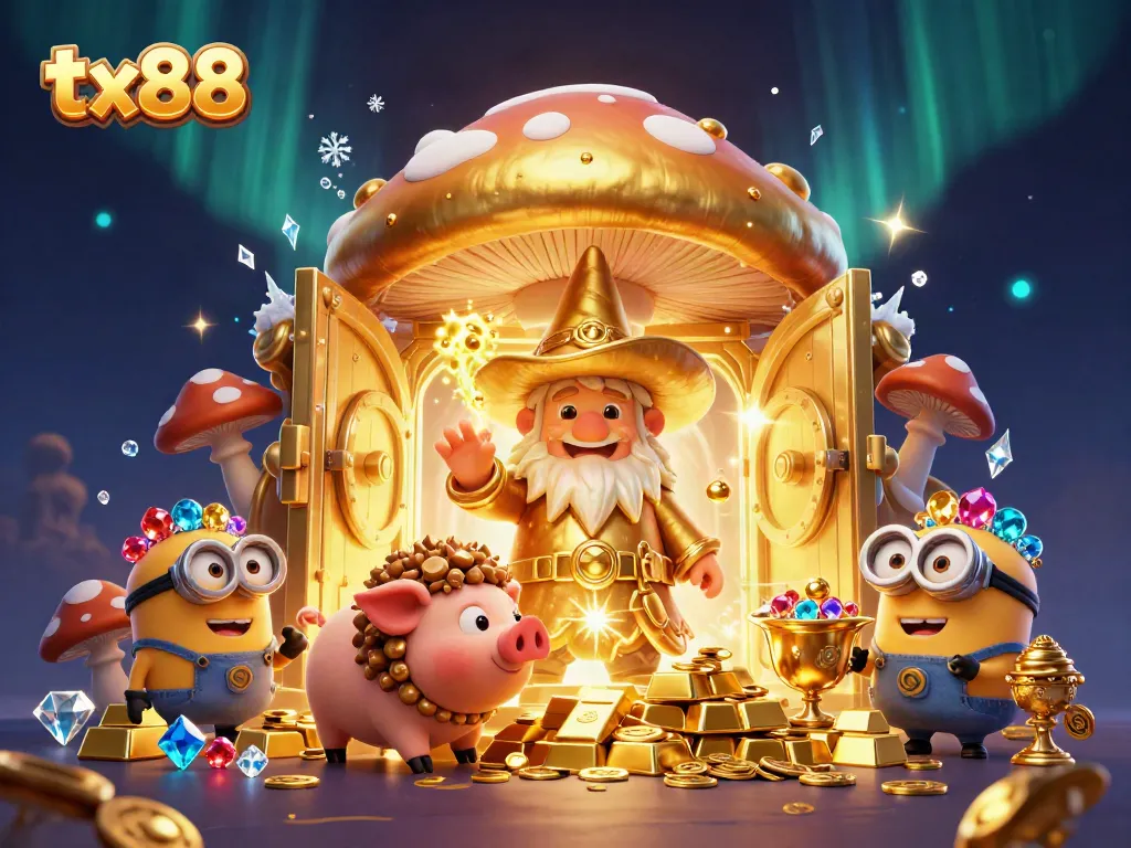 Experience tx88's enchanting casino magic with golden treasures and whimsical characters in a vibrant scene.