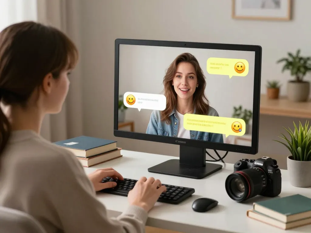 Engaging virtual conversation using porn chat AI in a cozy home office environment.