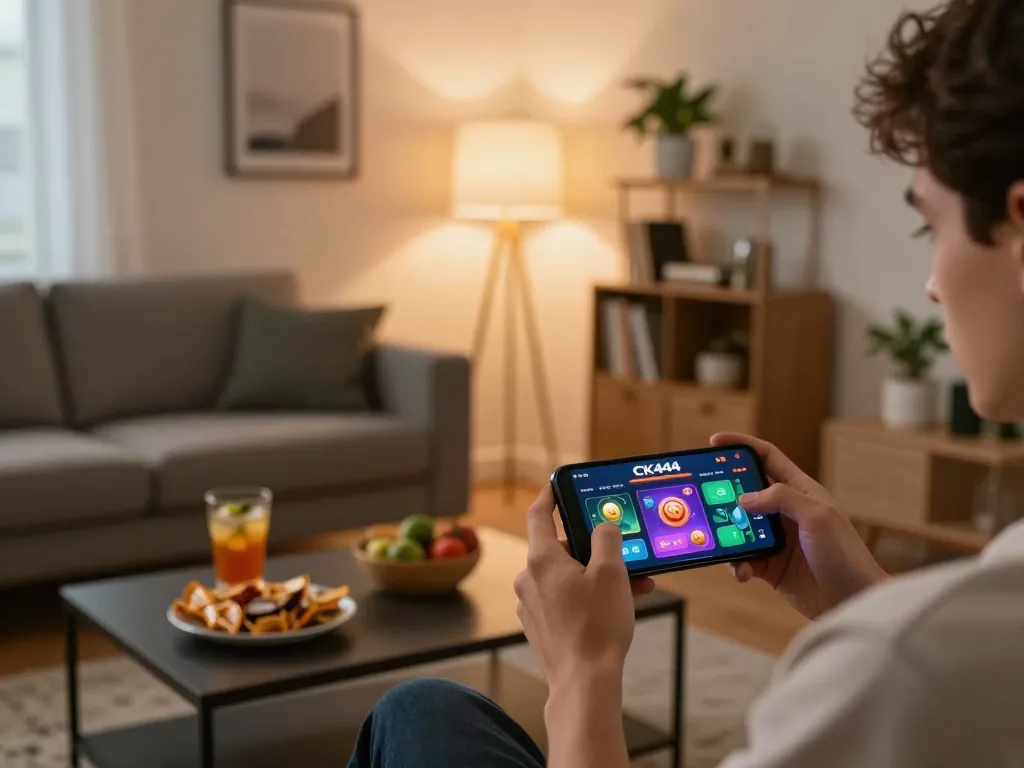 Playing CK444 com on mobile device in a cozy home setting, enjoying strategic gaming.