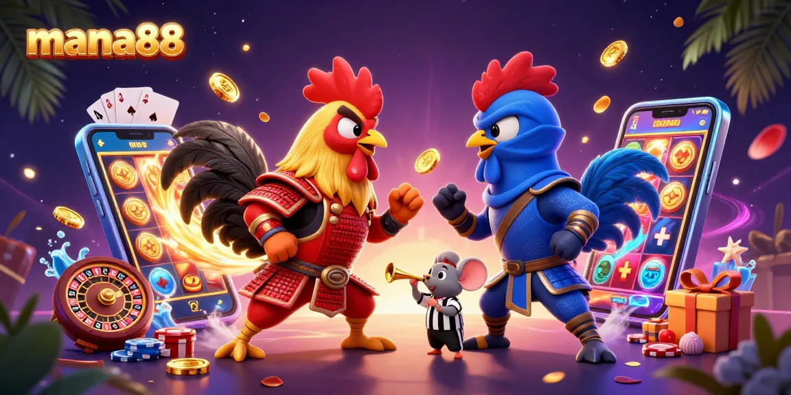 Experience thrilling action with the mana88 fighting roosters in this vibrant casino scene.