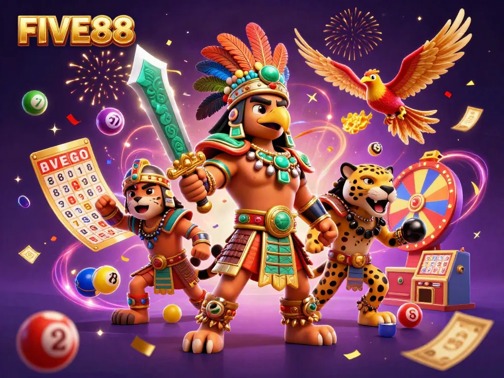 Engage with the vibrant energy of FIVE88 through an electrifying casino scene featuring animated characters and dynamic gaming elements.