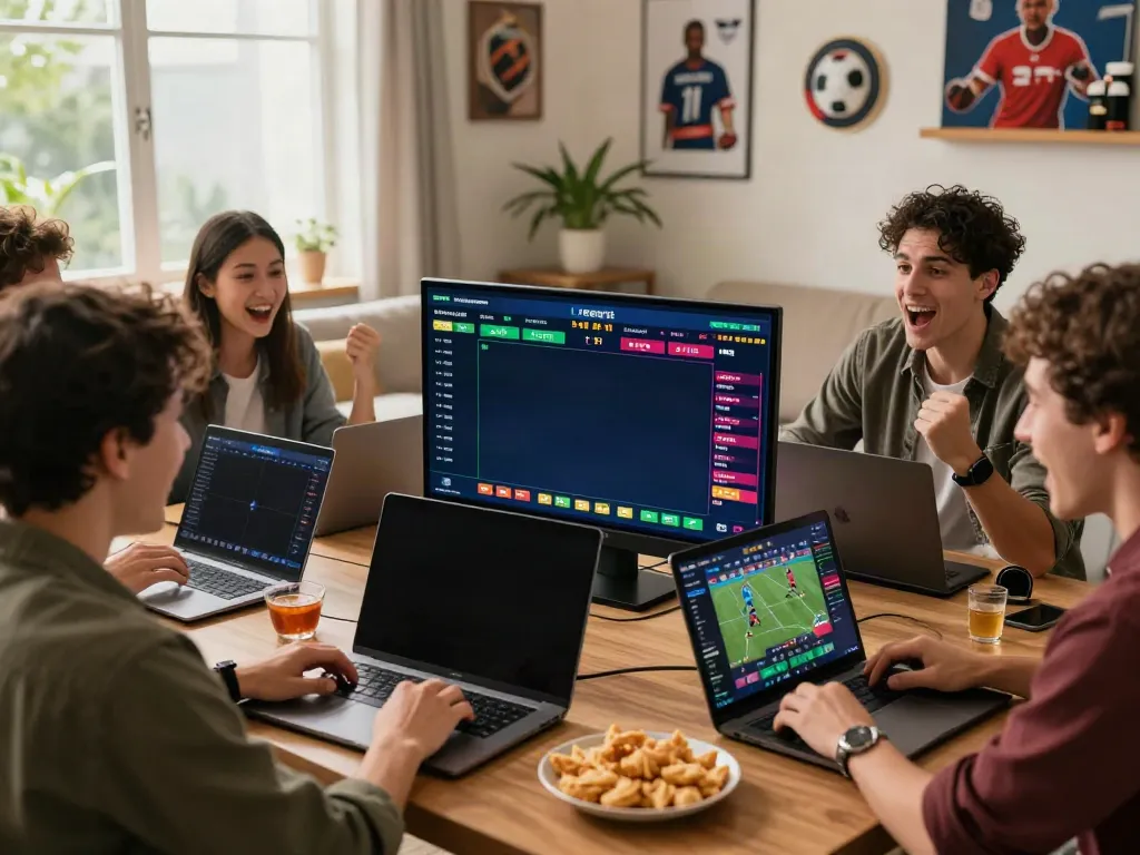 Friends enjoying an exciting online betting experience with Alternatif Bola88 on a large screen.