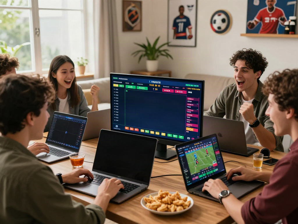 Friends enjoying an exciting online betting experience with Alternatif Bola88 on a large screen.