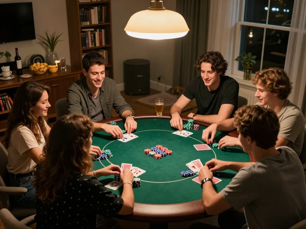 Friends engage in a lively poker game at home showcasing Man88’s community spirit and strategic gameplay.