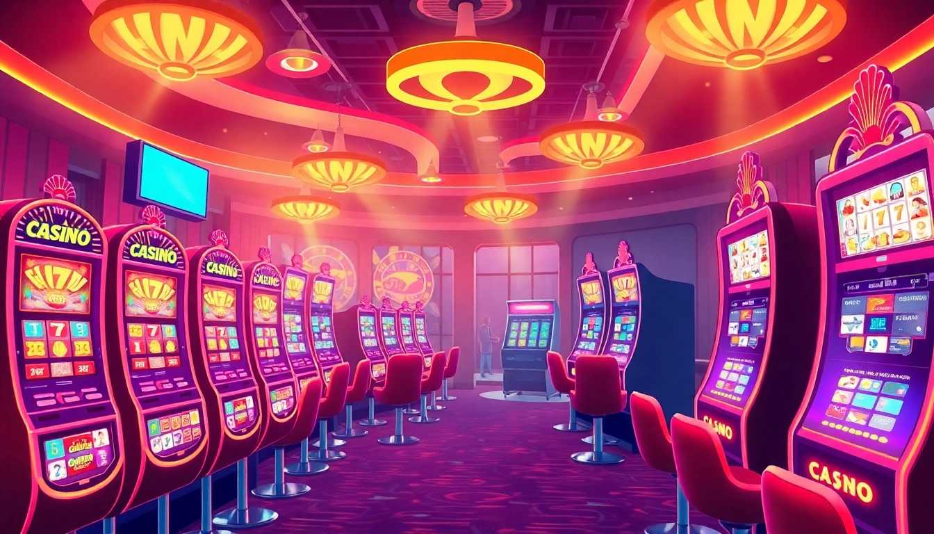 Claim exciting online casino bonuses with vibrant slot machines and neon lights.