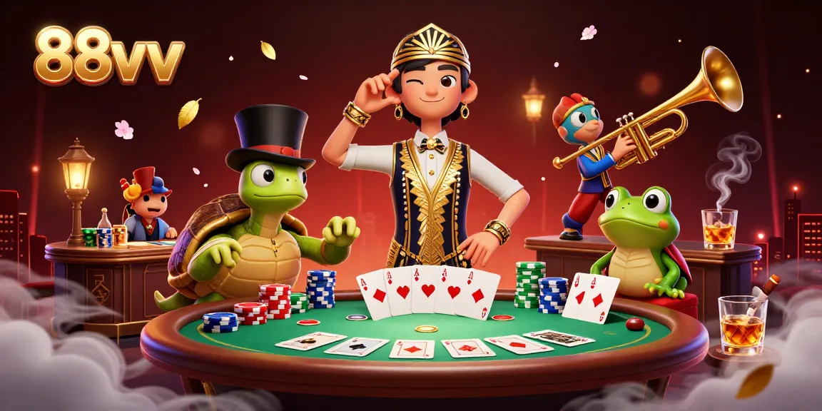 Engage with excitement at 88vv's bustling casino scene featuring vibrant colors and lively characters.