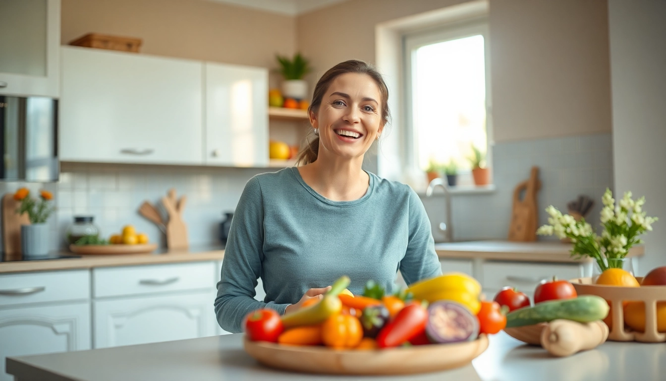 Erleben Sie Gewichtsverlust durch gesunde Ernährung – eine aktive Person genießt frisches Obst und Gemüse in einer modernen Küche.