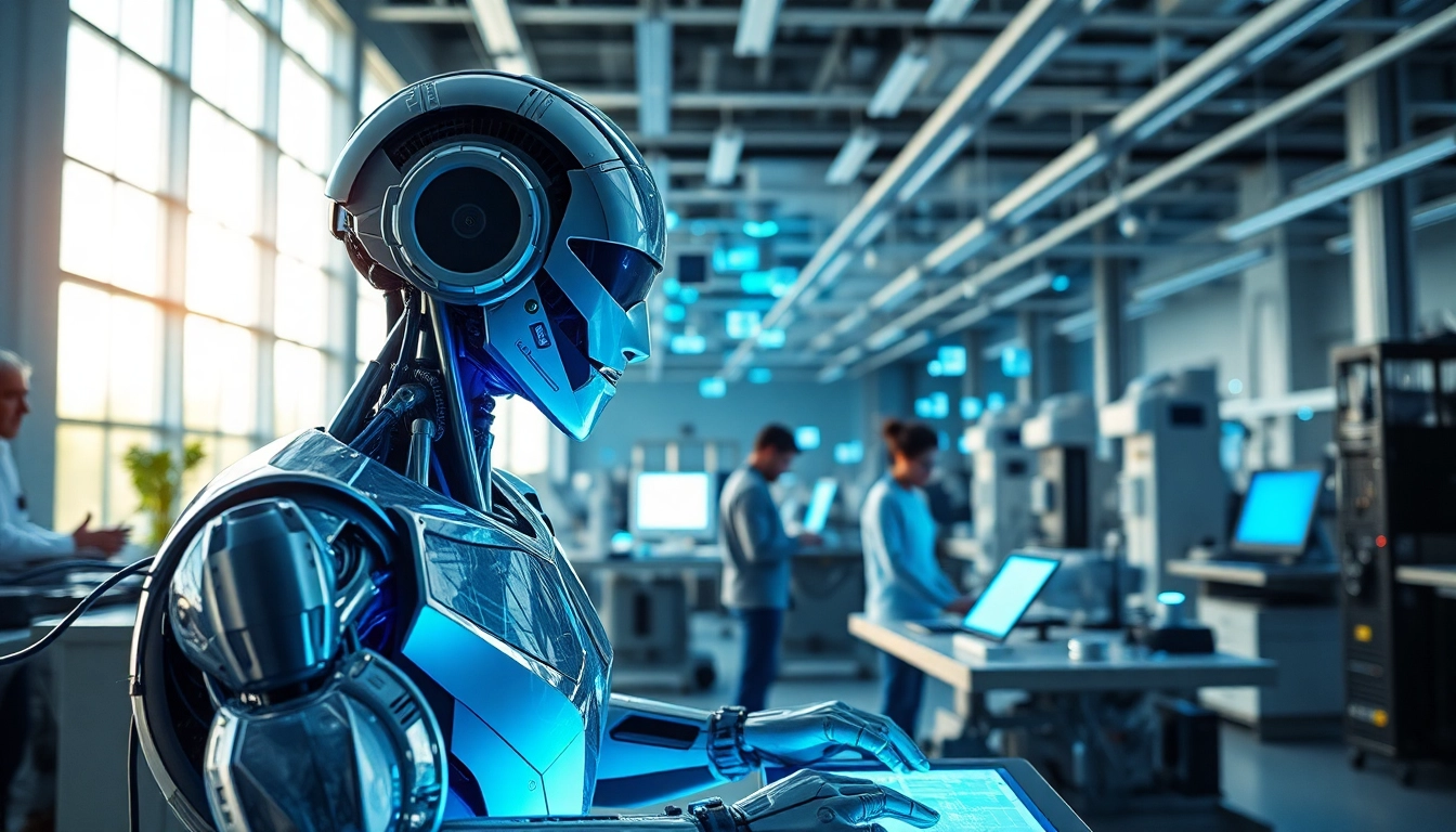 Technik Innovation: Roboter und Menschen arbeiten gemeinsam in einem modernen High-Tech-Labor.