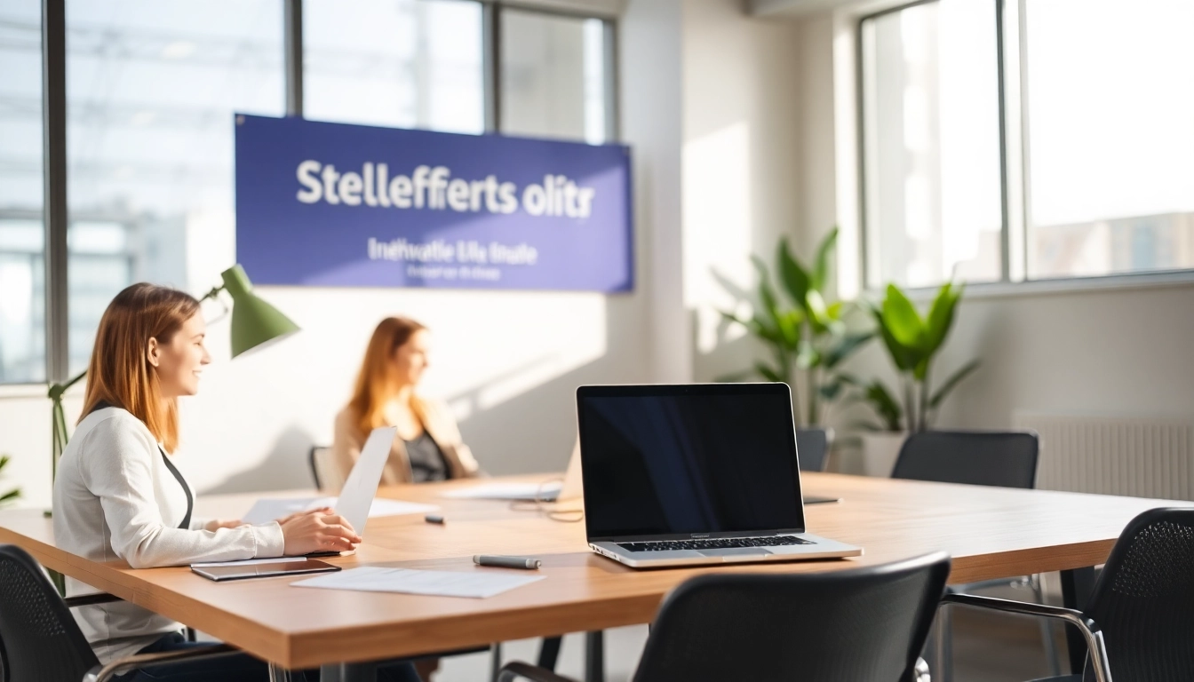 Stellenangebote auf einem Schreibtisch mit Laptop und Notizen in einem angenehmen Büro.