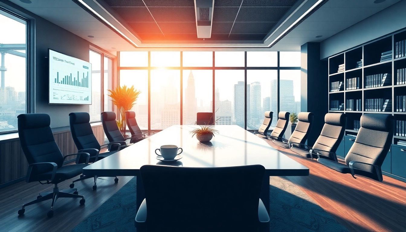 Visualize a professional recruitment office scene illustrating Headhunter Finance, featuring charts and warm lighting.