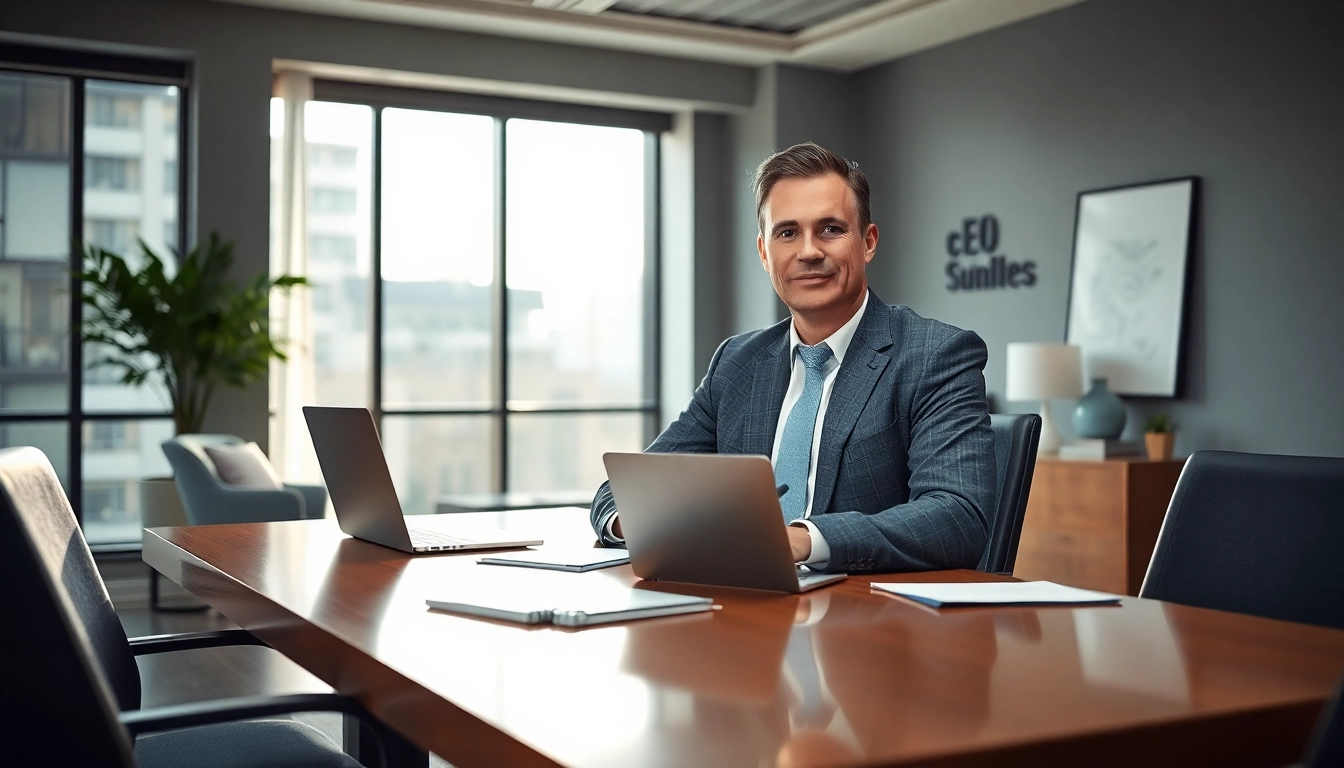 Visualisieren Sie einen selbstbewussten Headhunter CEO in einem modernen Büro, umgeben von Notizen und Laptop.