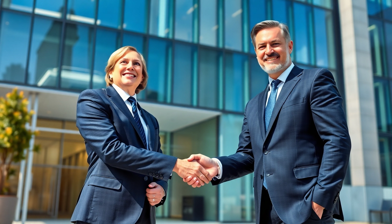 Headhunter Geschäftsführer schütteln sich die Hand vor einem modernen Bürogebäude.
