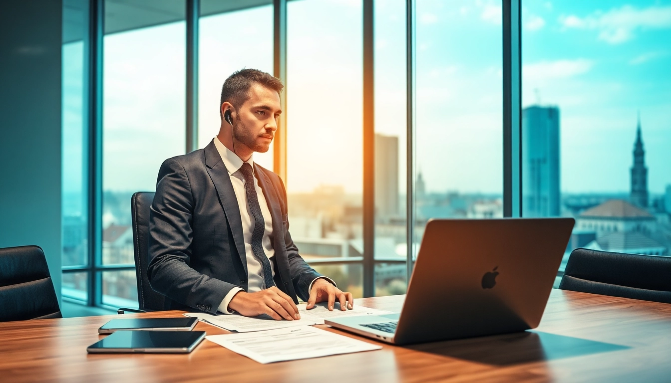 Headhunter Karlsruhe telefoniert professionell im modernen Büro, vermittelt Fachkräfte und Führungskräfte.