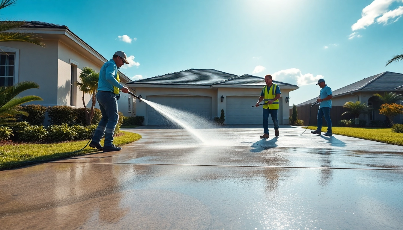 Driveway pressure wash service in Kissimmee, showcasing professionals cleaning concrete with eco-friendly solutions.