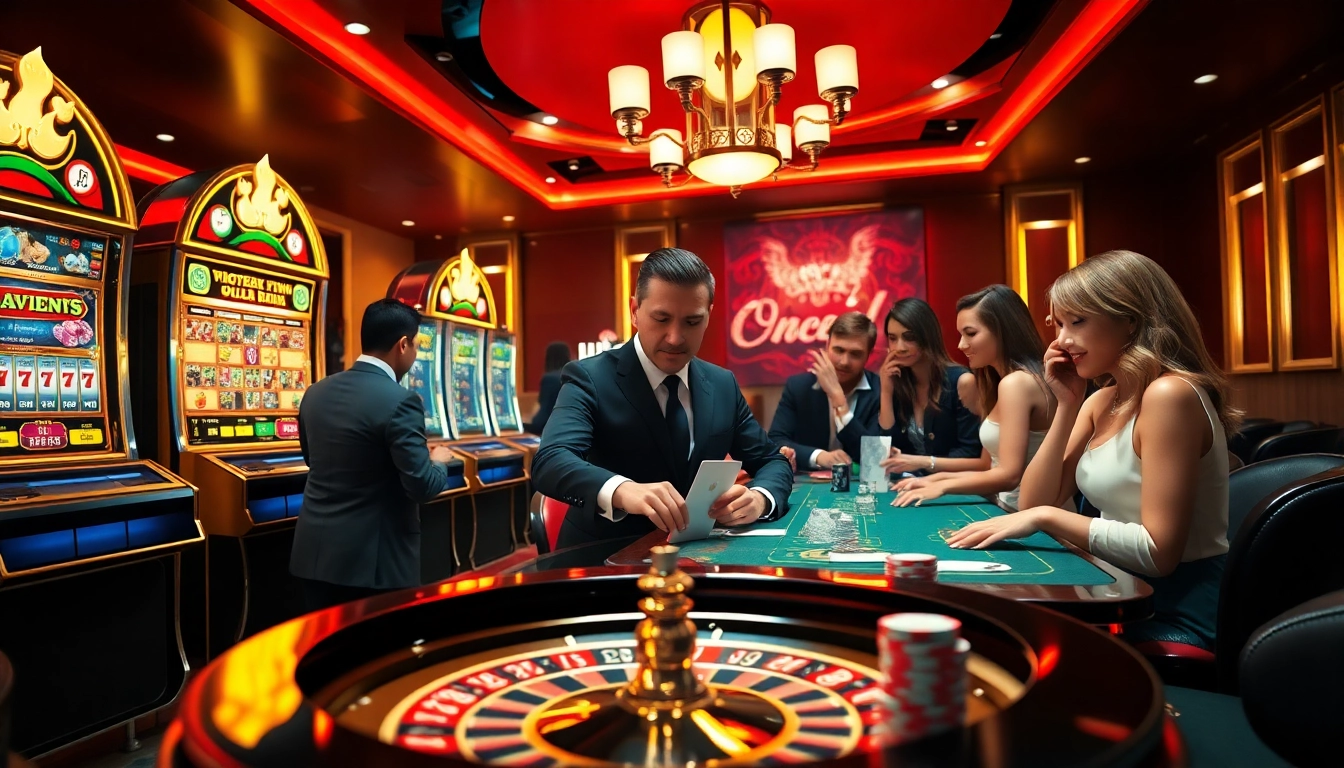 Exciting gameplay at https://mm88.observer/ with a lively casino scene featuring slot machines and poker players.