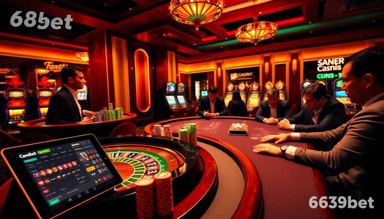 Experience thrilling gambling action at 667bet's luxurious casino with roulette and poker tables.