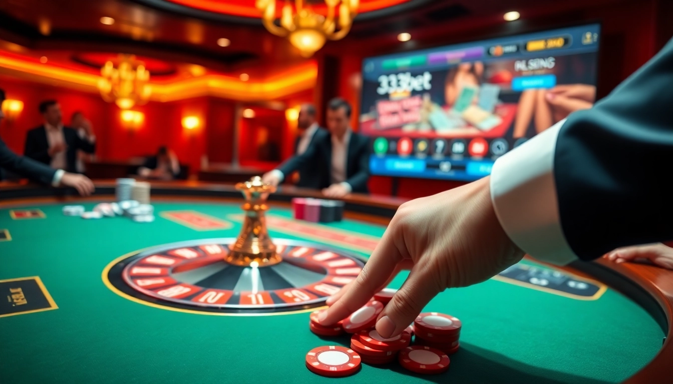 Exciting gambling action at 333bet with players betting on a roulette table and poker chips.