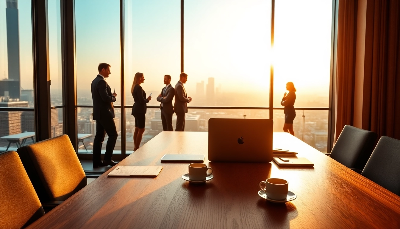 Personen in einem modernen Büro, die als Headhunter Gastronomie erfolgreich arbeiten, mit eleganter Einrichtung und belebtem Hintergrund.