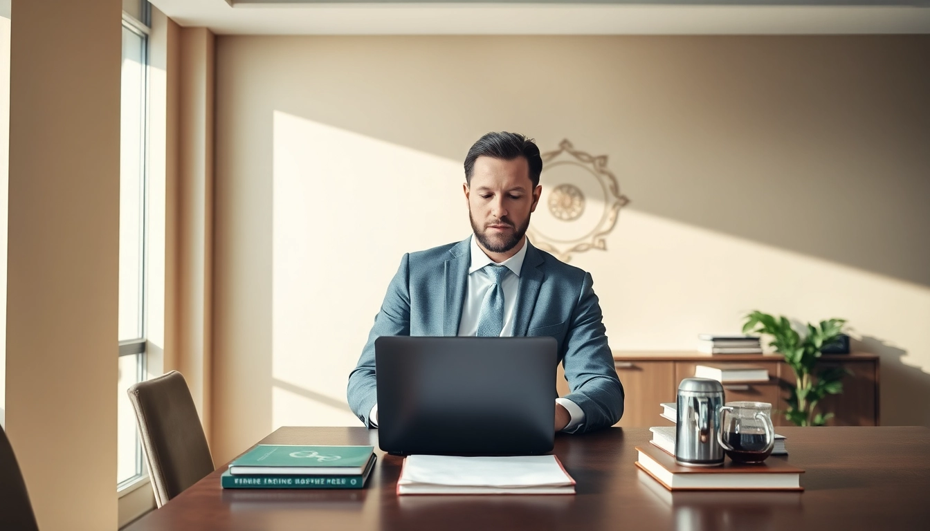 Professioneller Headhunter Gastronomie bei der Arbeit in einem modernen Büro mit Laptop und Büchern.