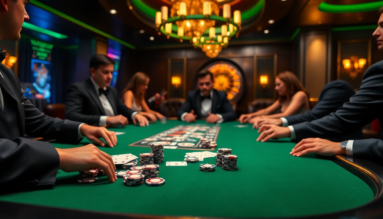 Engage in thrilling poker action with high-stakes gameplay at https://bj66.at, showcasing chips and cards.