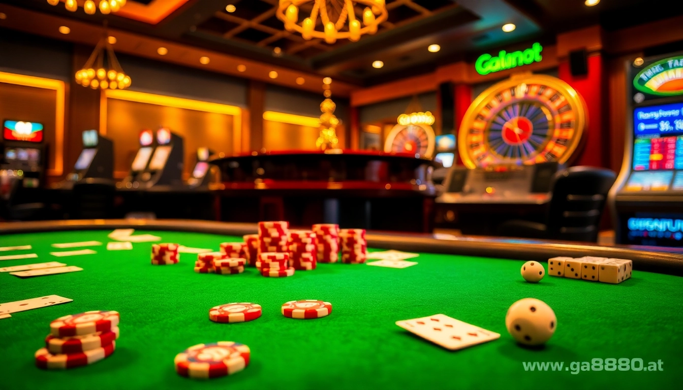 Experience excitement at a luxury poker table scene with casino elements from https://ga888.at, showcasing chips and cards.