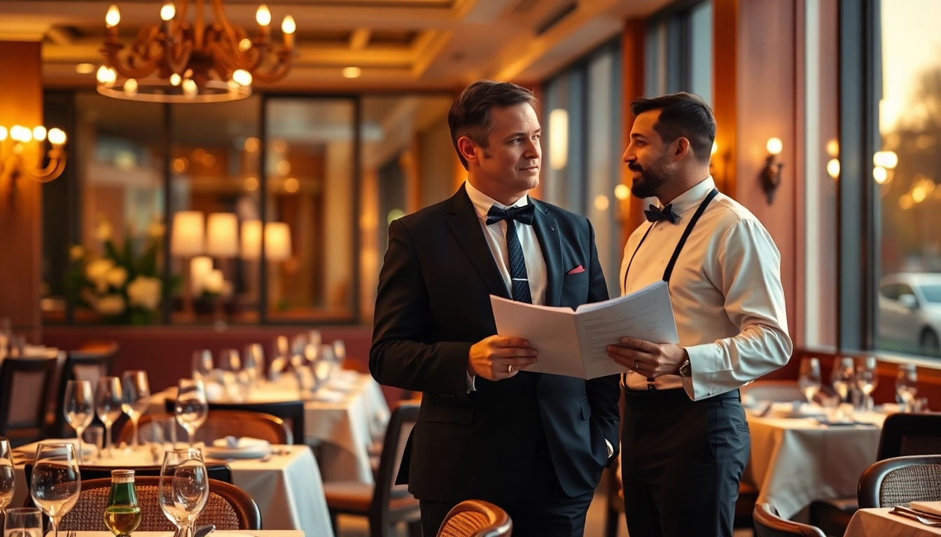 Headhunter Gastronomie im eleganten Restaurant spricht mit Küchenchef und Interessenten.