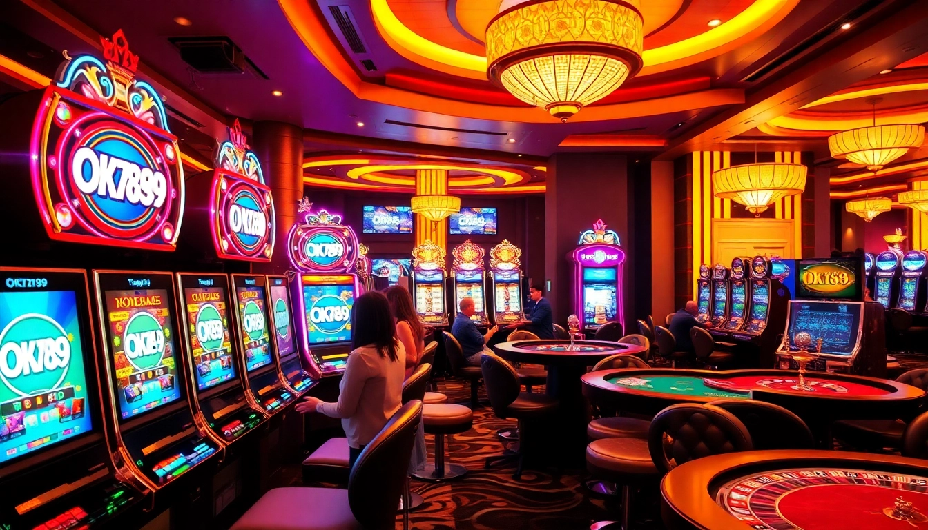 Players experiencing excitement at OK789 casino, engaging with slot machines and poker tables.