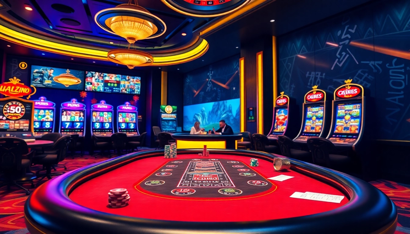 A breathtaking casino scene showcasing Nhà cái CF789, featuring poker tables, rich decor, and vibrant gaming interfaces.