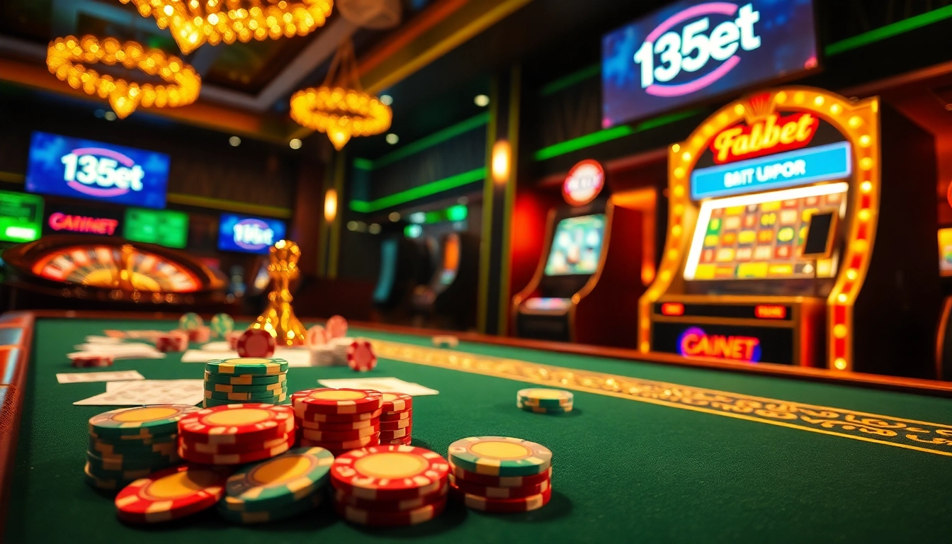 Experience the thrilling energy of 136bet with a vibrant casino scene featuring poker chips, roulette, and slot machines.