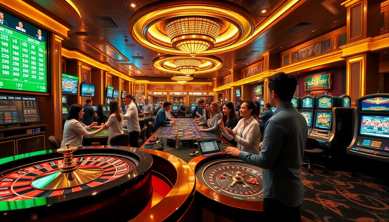 Dynamic scene of enthusiastic players gambling at Nhà cái CPC188 with vibrant casino elements.