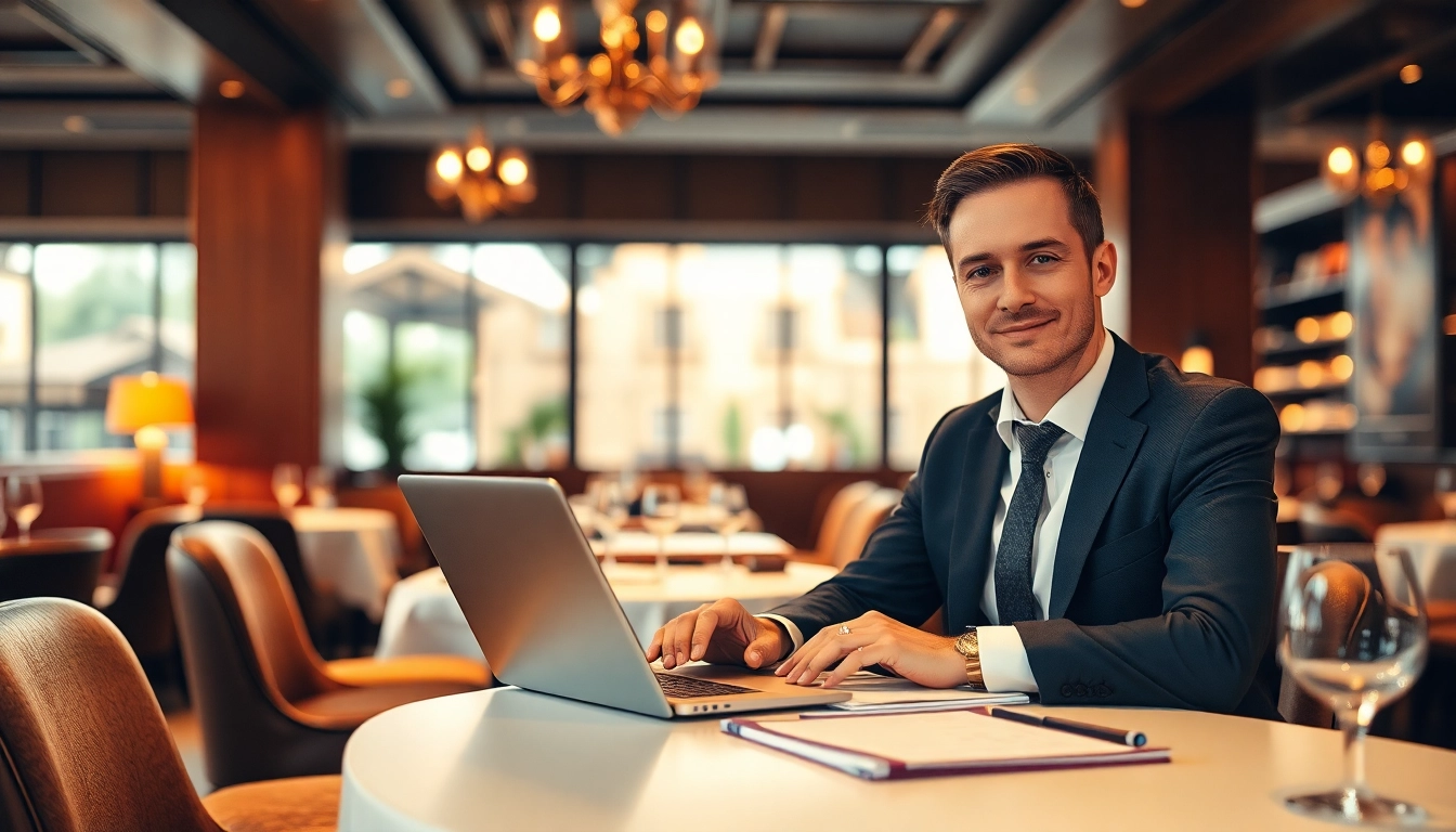 Headhunter Gastronomie bei einer professionellen Besprechung in einem eleganten Restaurant, umgeben von stilvollem Ambiente.