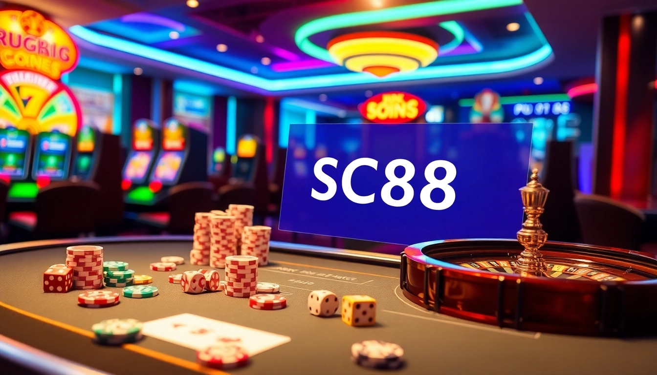 Experience thrilling casino action with SC88 link highlighted among vibrant gaming elements and luxuriously designed tables.