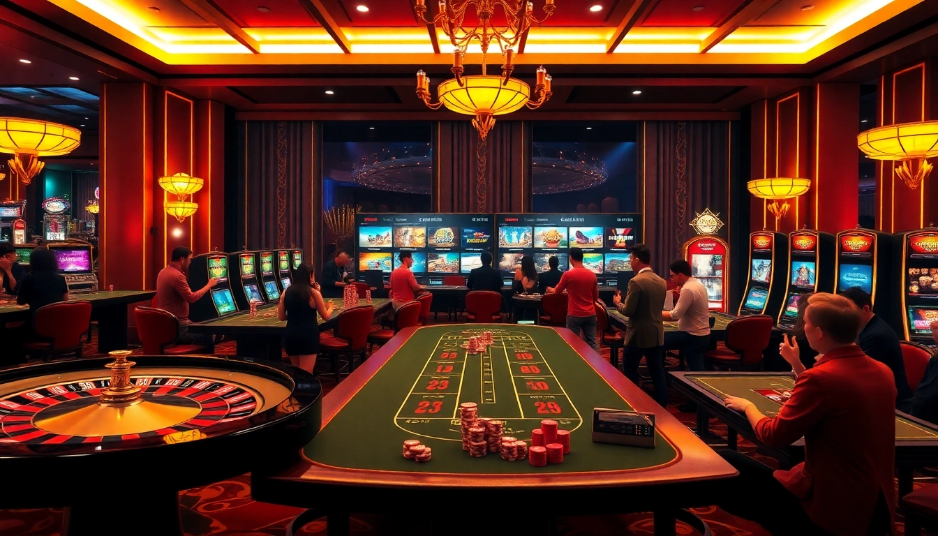 Zing88 players enjoying a thrilling casino gaming experience with vibrant lights and engaging tables.