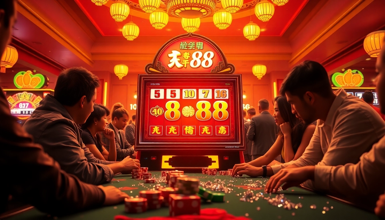 Play the lucky88 game on an exciting slot machine surrounded by vibrant casino elements.