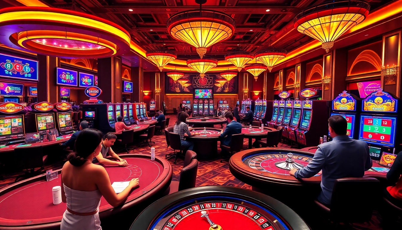 Players enjoying an exciting game at HOT789 casino, surrounded by vibrant slot machines and poker tables.