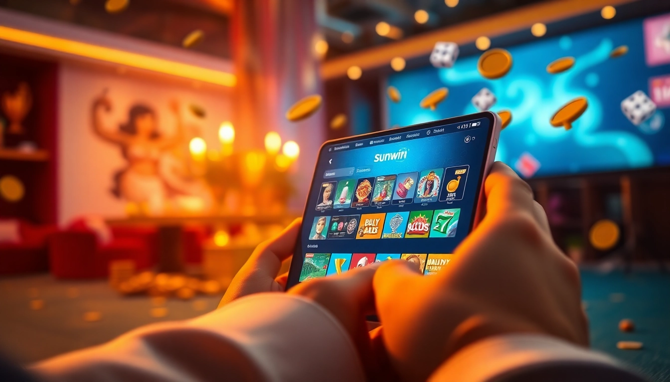 Sunwin gaming app on smartphone displaying vibrant game options for an exciting online experience.