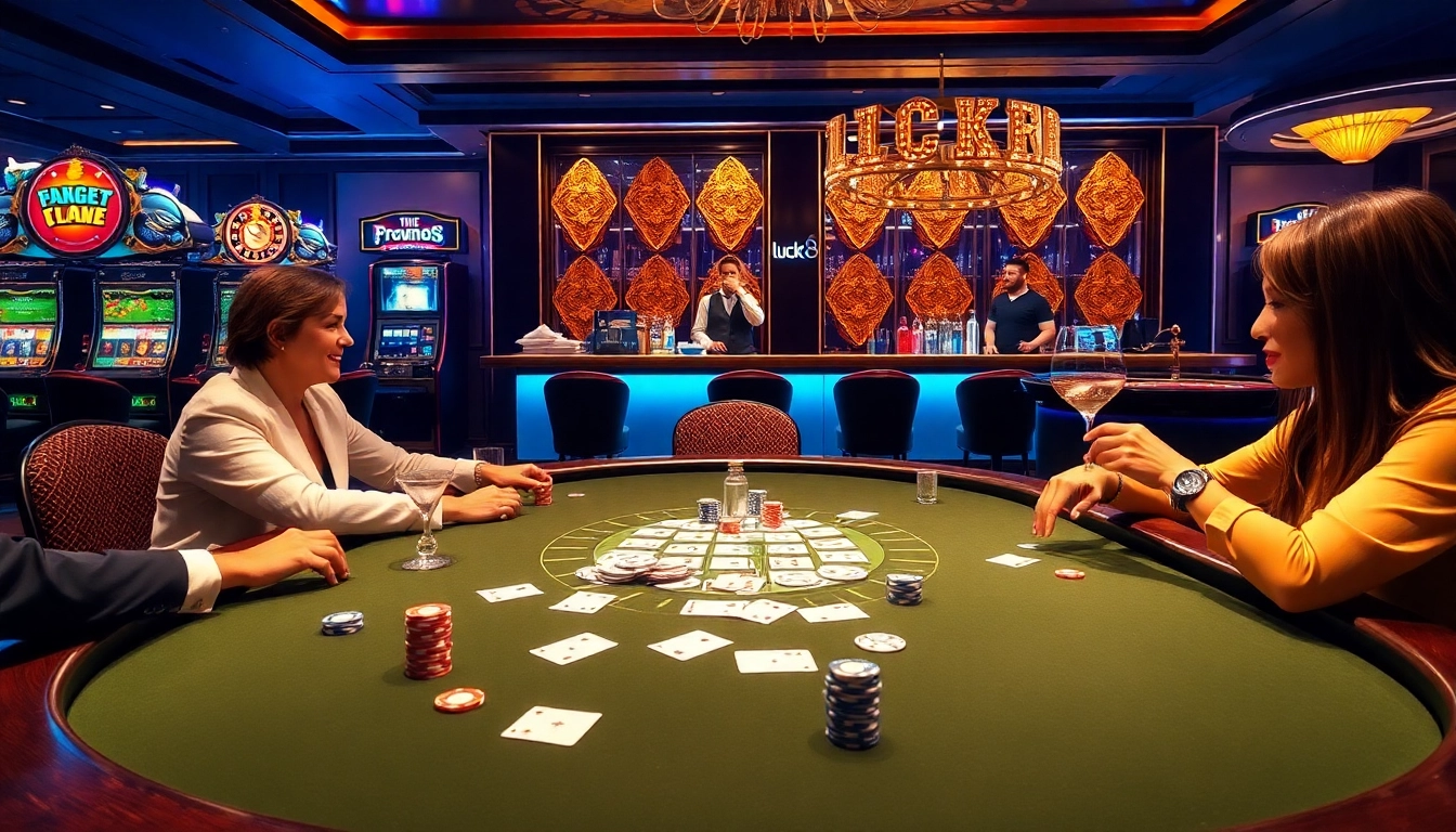 Engaged players at a poker table highlighting luck8.com, surrounded by vibrant slot machines and roulette wheel.