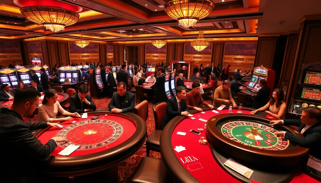 Excitement and professionalism at Nhà cái Kuwin's vibrant gaming tables with gamblers enjoying various casino games.