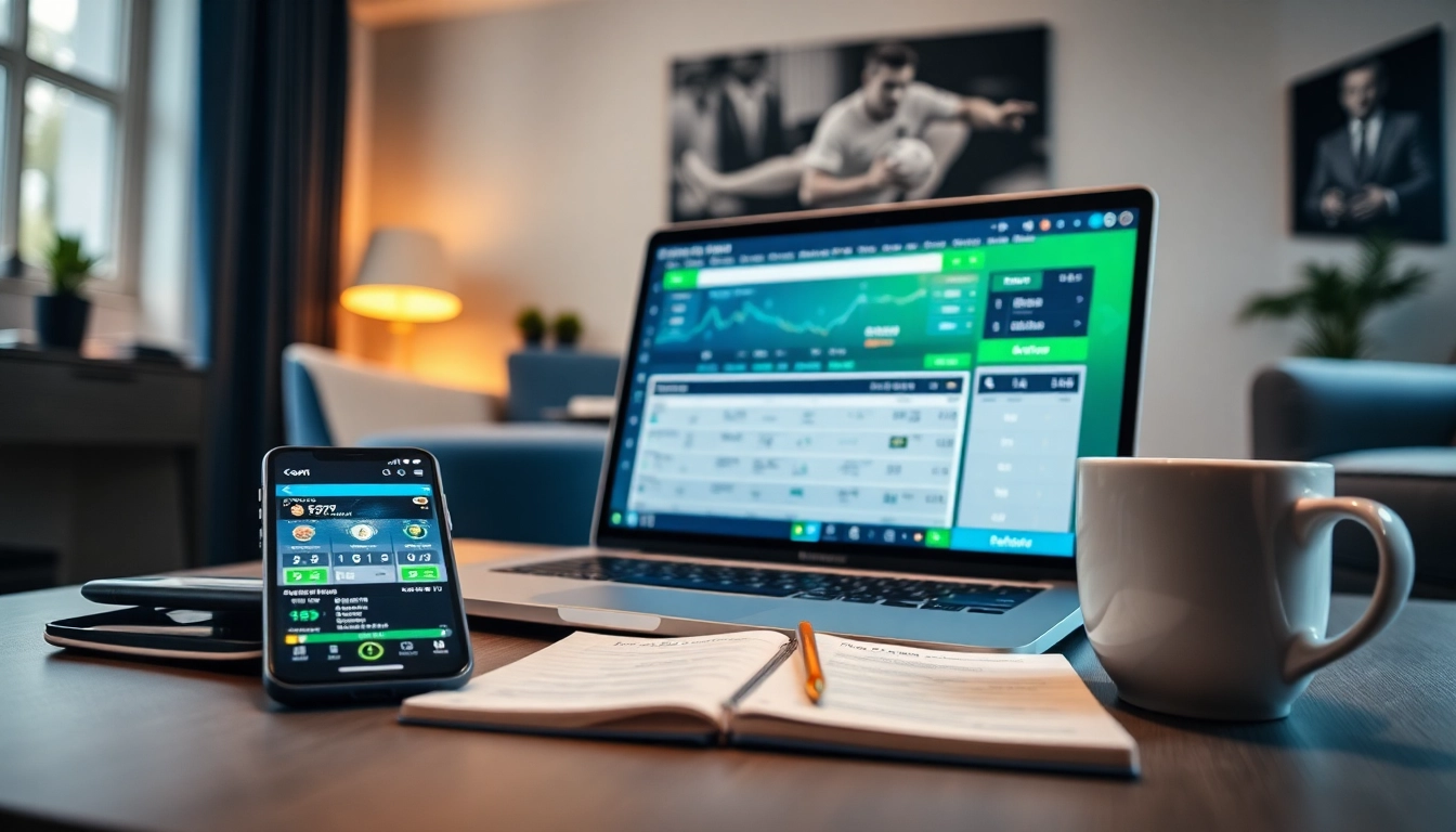 A modern, user-friendly betting platform interface on a laptop representing nhà cái uy tín in a stylish home office.