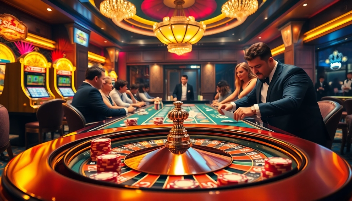 Experience thrilling gameplay with win678 at an upscale casino featuring roulette, poker, and vibrant slot machines.