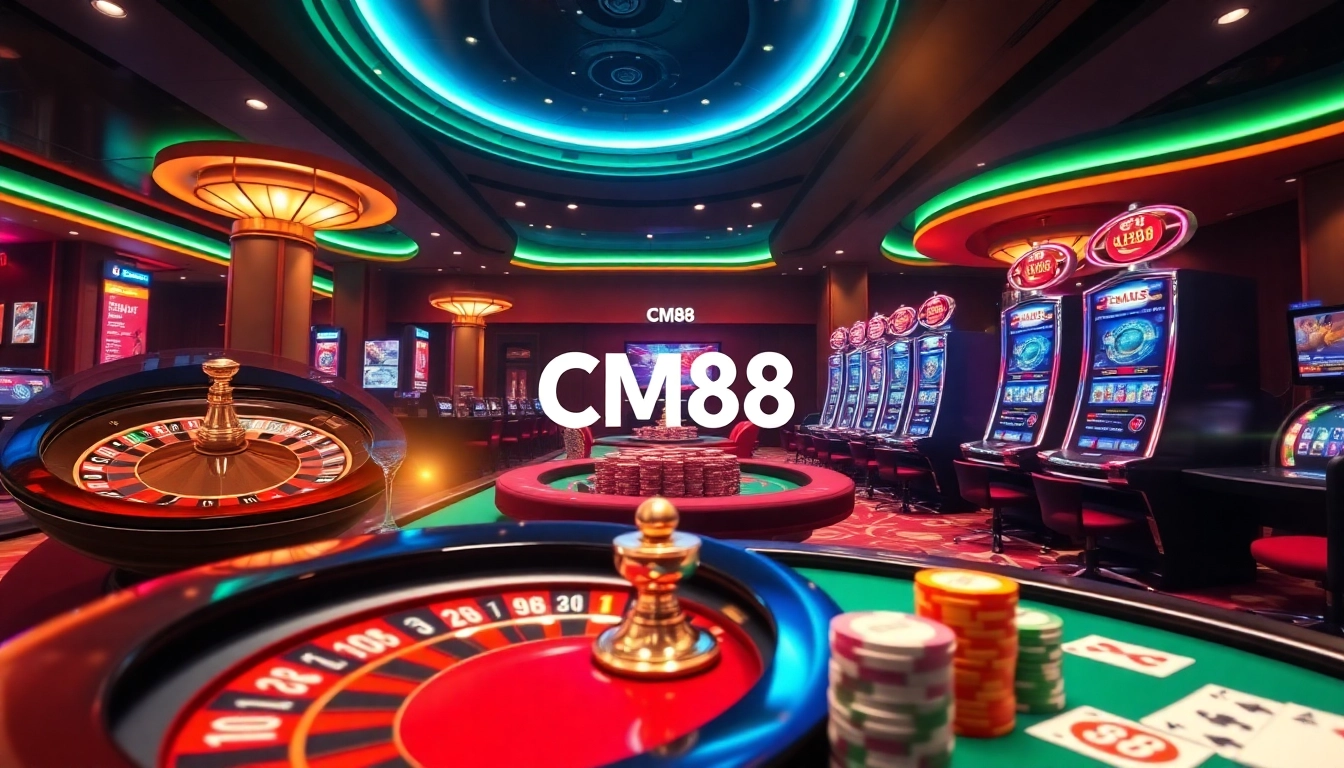 Experience the excitement of CM88 casino with vibrant tables, roulette wheels, and high-stakes action.