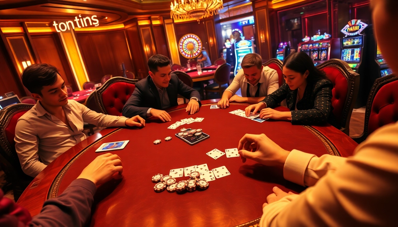 Exciting scene of fun79 casino gameplay with poker chips and cards on an elegant table.