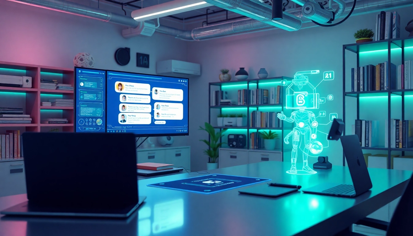 Dynamic futuristic workspace showcasing juicy ai chatbot interface in a vibrant tech setting.