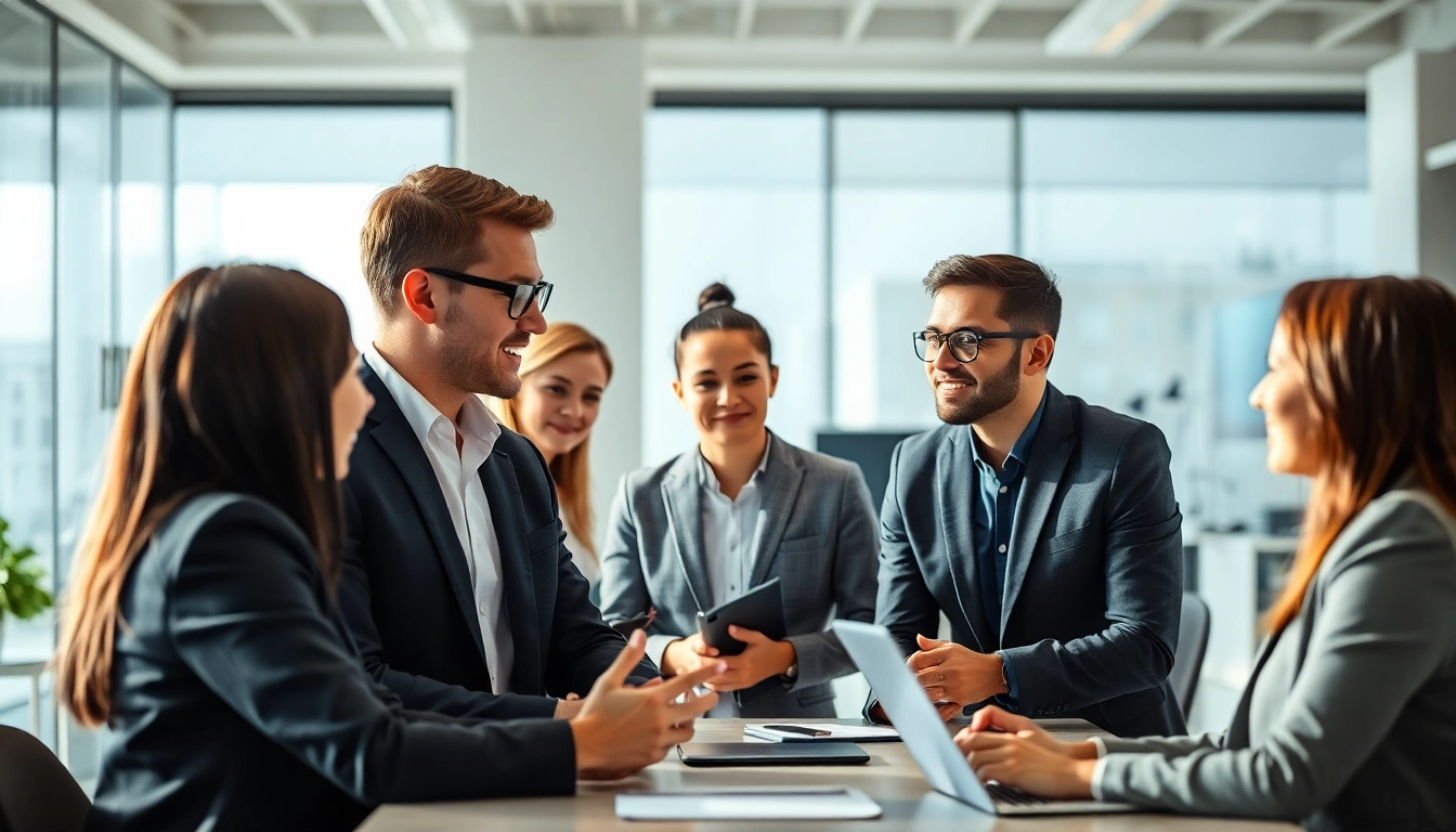 Headhunter IT in a vibrant office guiding diverse clients through recruitment strategies.