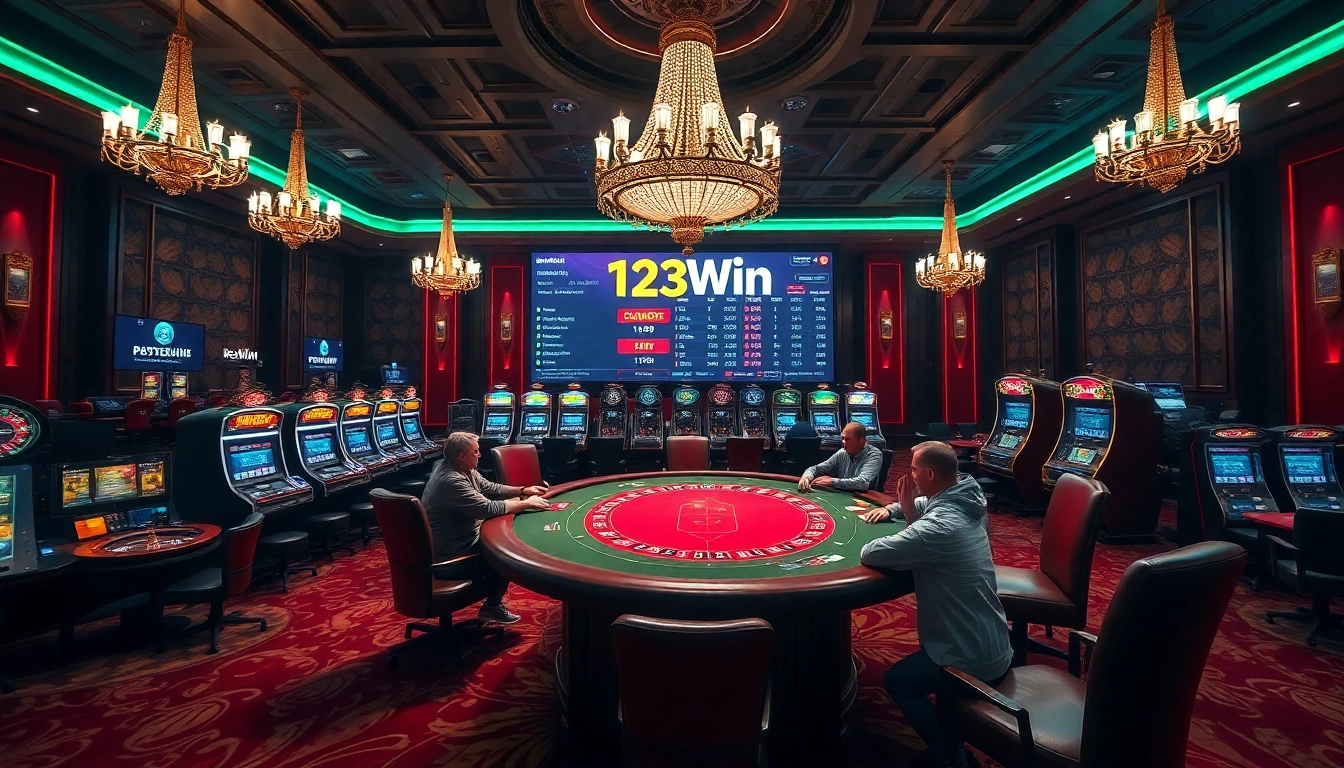 Experience excitement at 123Win with a vibrant casino scene showcasing poker and roulette tables.