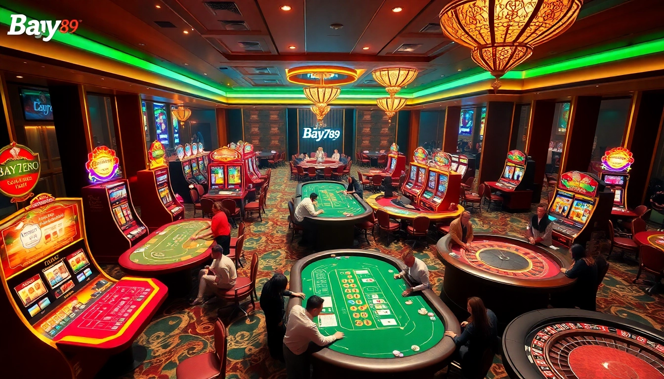 Players enjoying thrilling games at Bay789 casino, showcasing vibrant tables and slot machines.