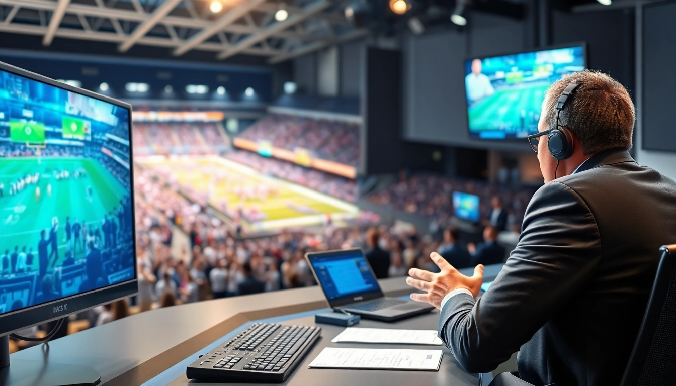 Host conducting sports broadcasting at a modern studio, showcasing engaging visuals.
