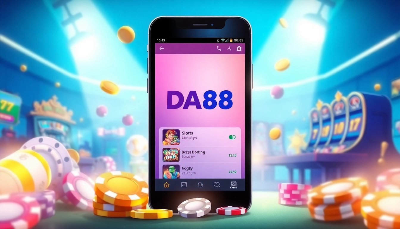 Tải App Da88 interface on a smartphone among vibrant gaming elements.