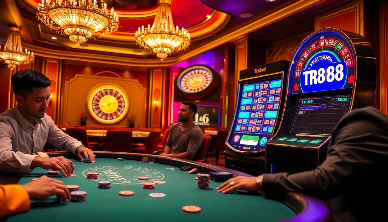 TR88 gaming environment with vibrant poker table, colorful chips, and roulette wheel.