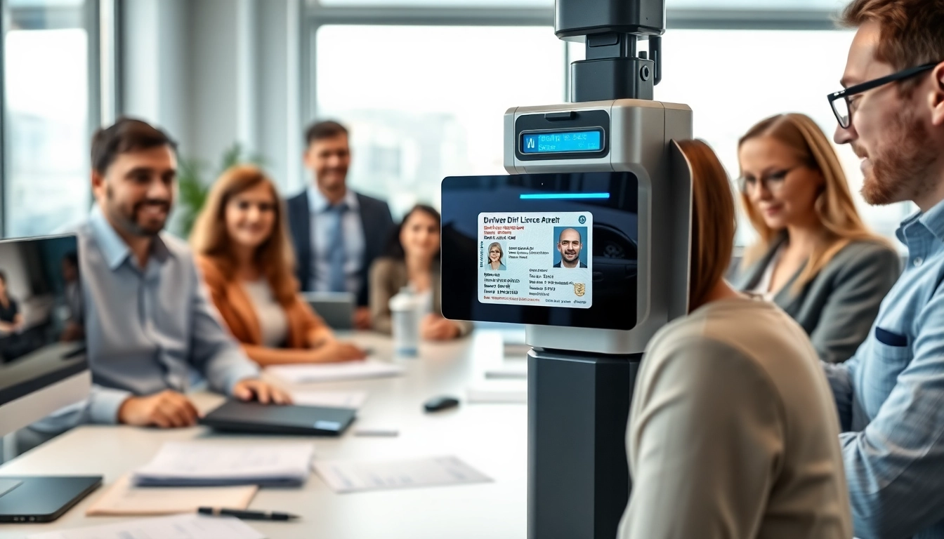 Digitale Verifizierung der Führerscheinkontrolle in einem modernen Büro mithilfe fortschrittlicher Technologie.